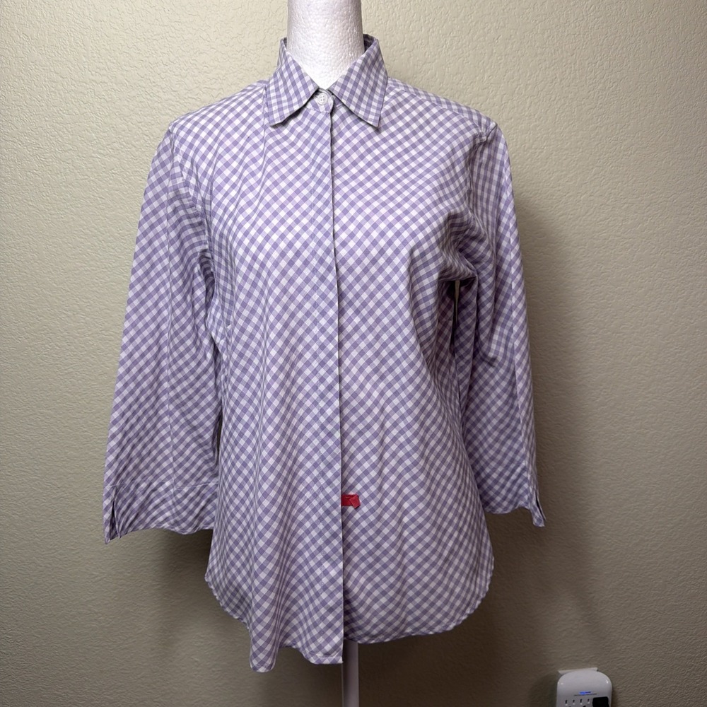Mili Designs Shirt Womens S Purple Gingham Check 3/4 Sleeve Button Front Blouse